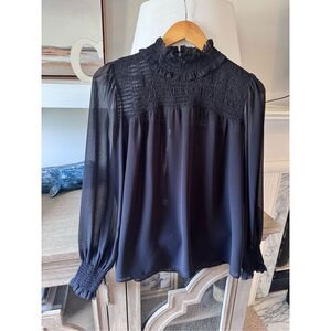 Ann Taylor Smocked Long Sleeve Ruffle‎ Top in Black Size  XS